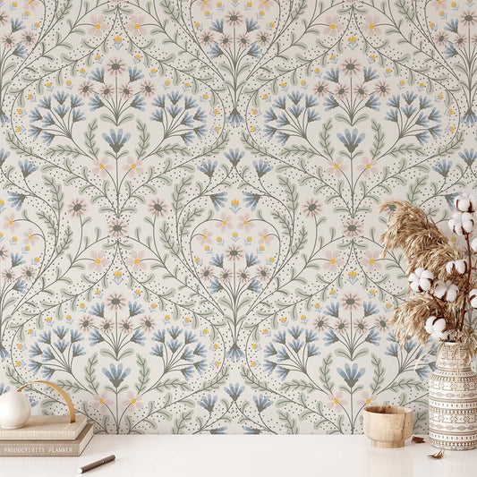 Cottagecore Damask Wallpaper - Cream
