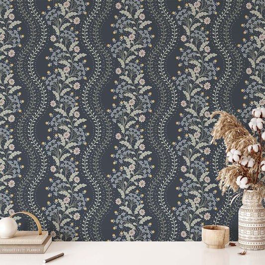 Cottagecore Wavy Floral Stripe Wallpaper - Navy Blue