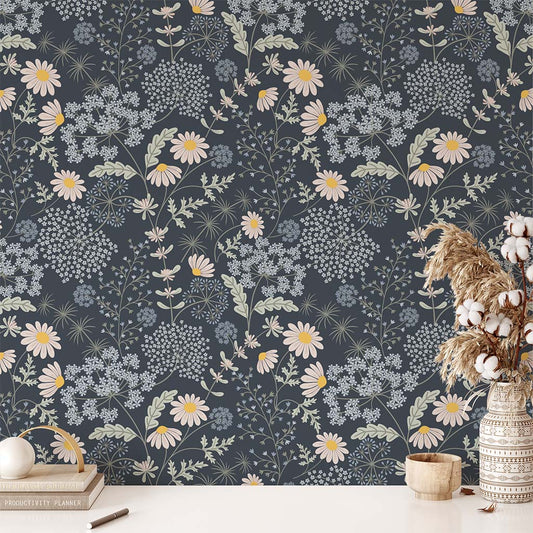 Cottagecore Wildflowers Wallpaper - Navy Blue