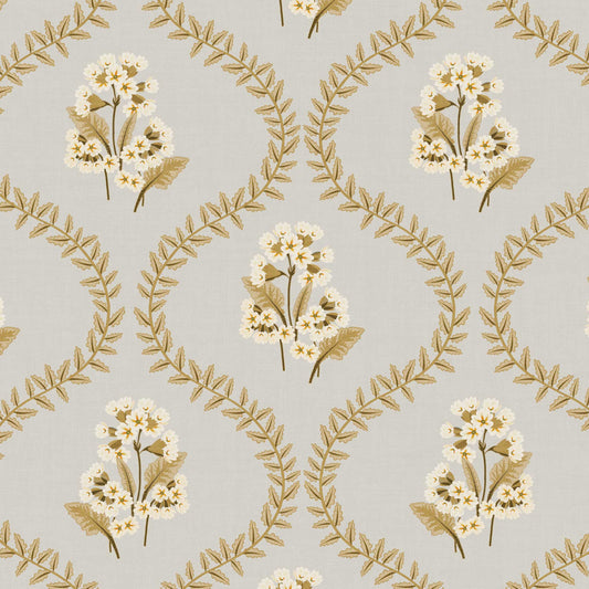Closeup view of our Cowslip Primrose Wallpaper in Light Gray