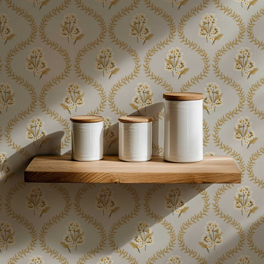 Cowslip Primrose Wallpaper in Light Gray shown in a pantry