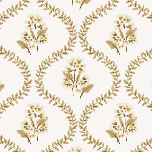 Closeup view of our Cowslip Primrose Wallpaper in Cream