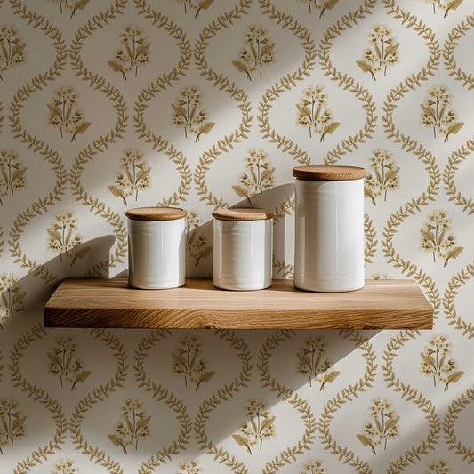 Cowslip Primrose Wallpaper in Cream shown in a pantry.
