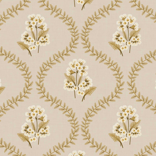 Closeup view of our Cowslip Primrose Wallpaper in Tan