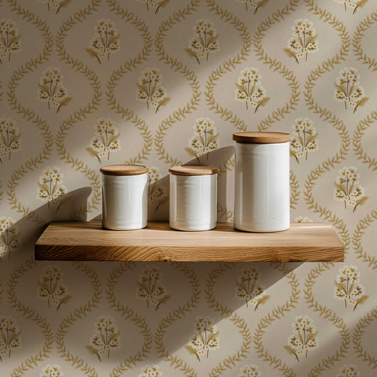 Cowslip Primrose Wallpaper in Tan shown in a pantry