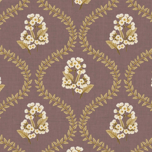 Closeup view of our  Cowslip Primrose Wallpaper in Old Burgundy