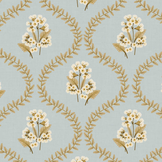 Closeup view of our Cowslip Primrose Wallpaper in River Blue