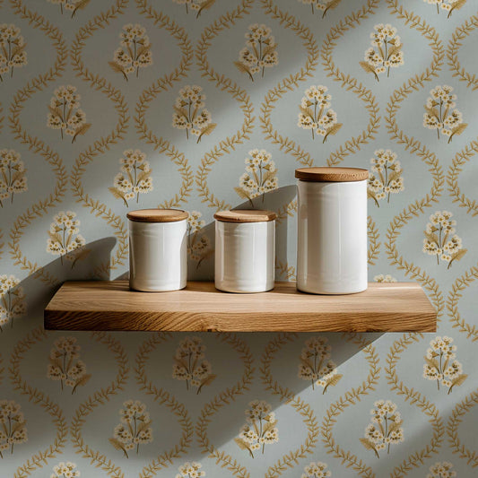 Cowslip Primrose Wallpaper in River Blue shown in a pantry