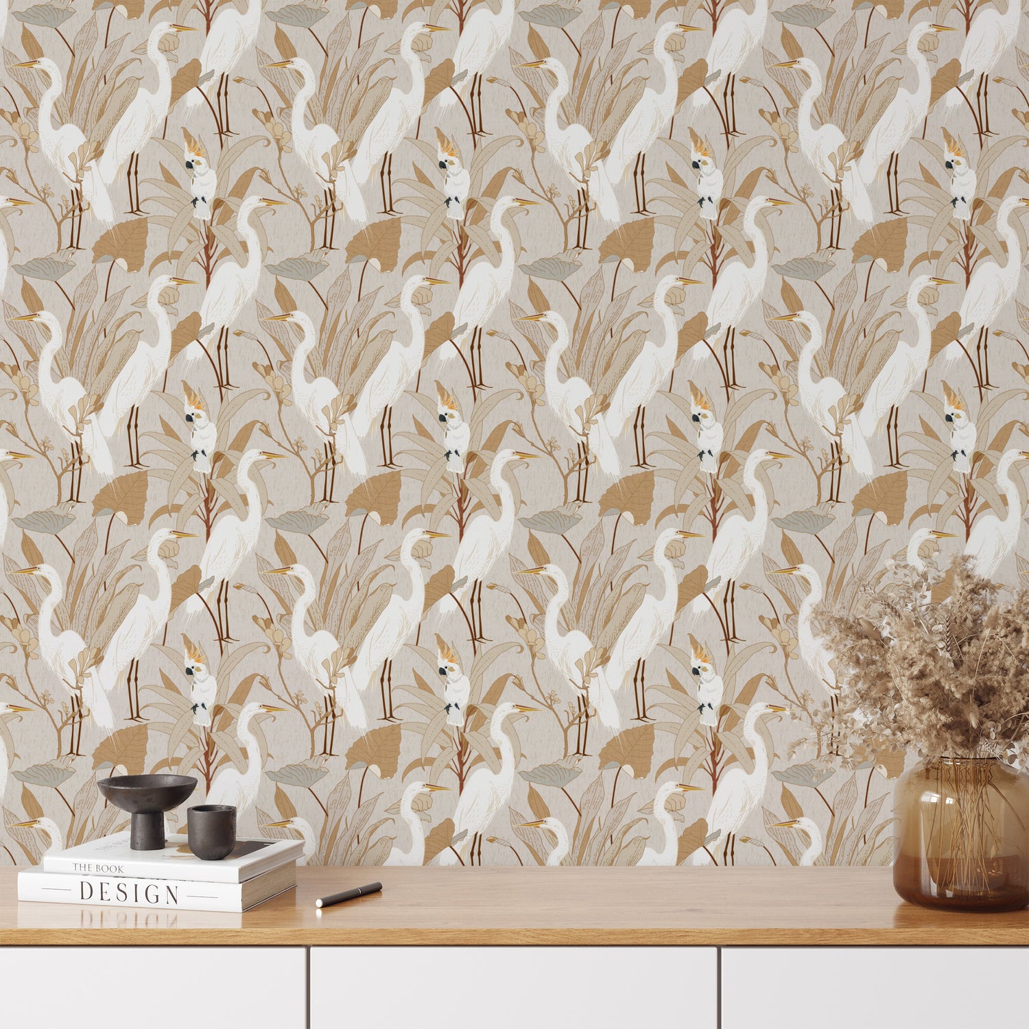 Designed with an eye-catching flair of animals and class, Cranes and Cockatoo Wallpaper - Bone encaptures tasteful luxury. This exclusive wallpaper features a sophisticated design of cranes and cockatoos, perfect for bringing a sense of refinement and elegance to your home.