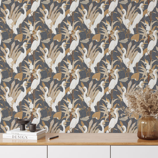 Designed with an eye-catching flair of animals and class, Cranes and Cockatoo Wallpaper - Denim Blue encaptures tasteful luxury. This exclusive wallpaper features a sophisticated design of cranes and cockatoos, perfect for bringing a sense of refinement and elegance to your home.