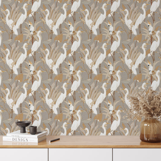 Designed with an eye-catching flair of animals and class, Cranes and Cockatoo Wallpaper - Gray encaptures tasteful luxury. This exclusive wallpaper features a sophisticated design of cranes and cockatoos, perfect for bringing a sense of refinement and elegance to your home.