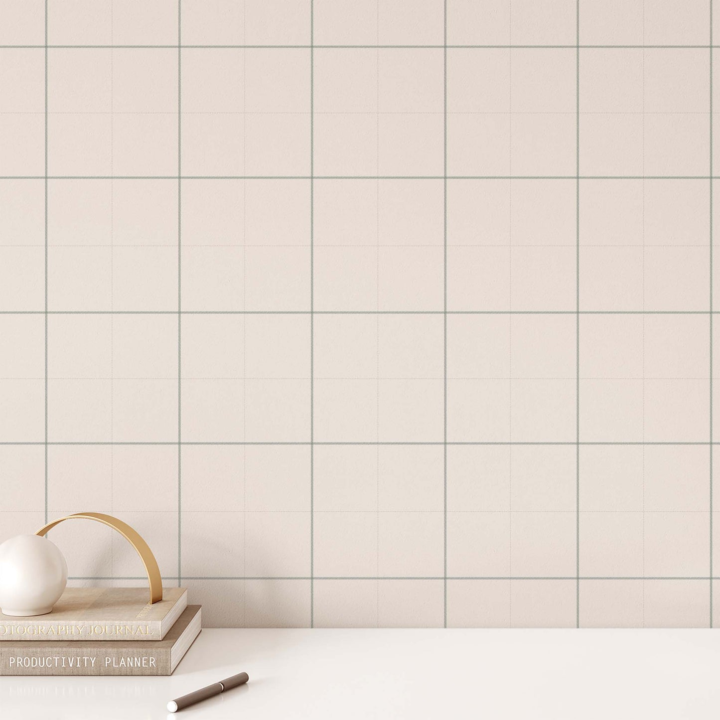 Dainty Plaid Wallpaper in Green shown in an office.