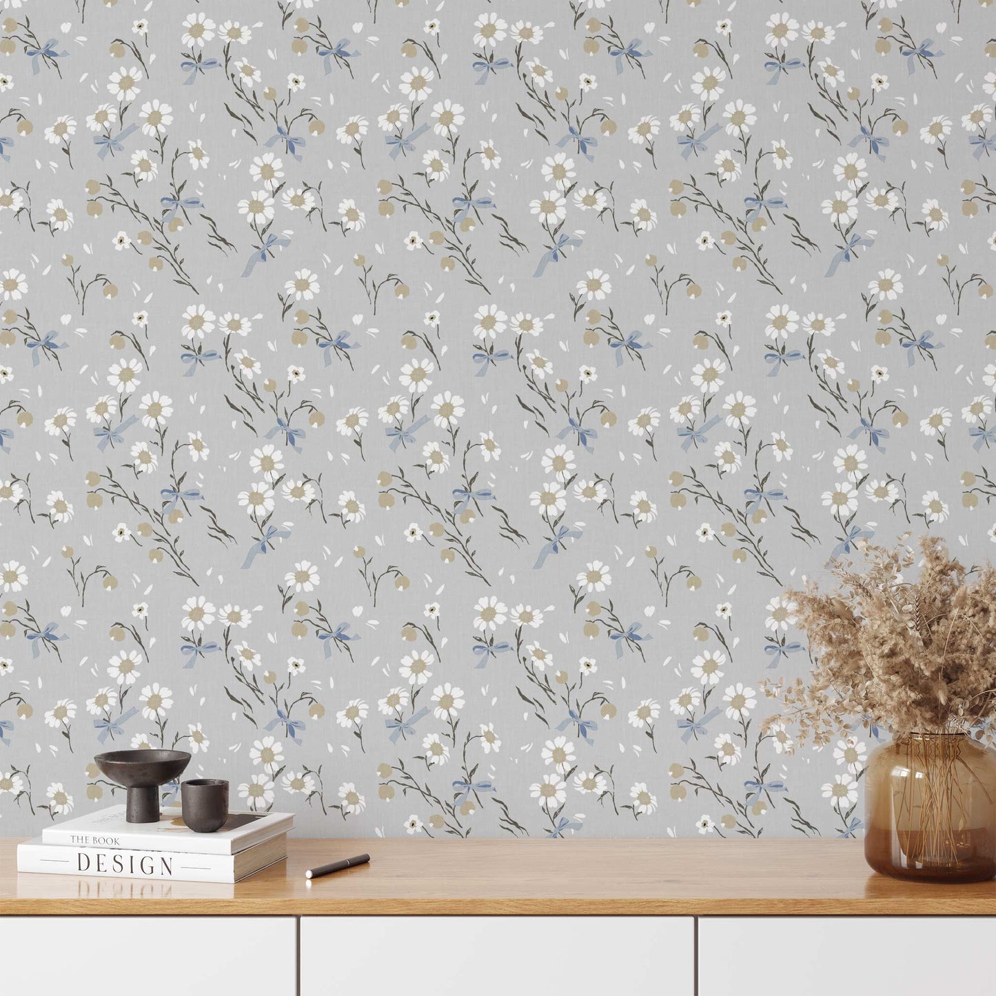 Daisies and Bows Wallpaper - French Blue