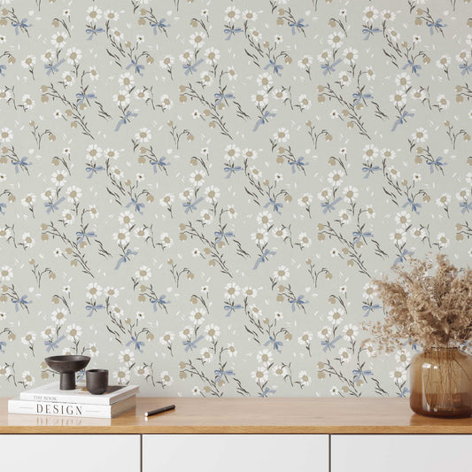 Daisies and Bows Wallpaper in Soft Olive shown in an office.