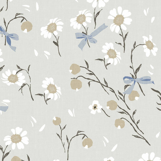 Daisies and Bows Wallpaper in Soft Olive shown close up.