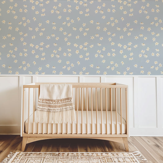 Daisy Doodles in Dusty Blue shown in a nursery.