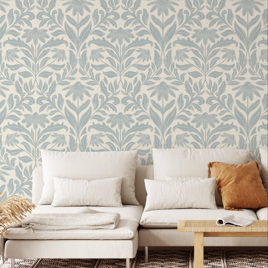 Daisy Damask Wallpaper in Cloudy Blue in a living room