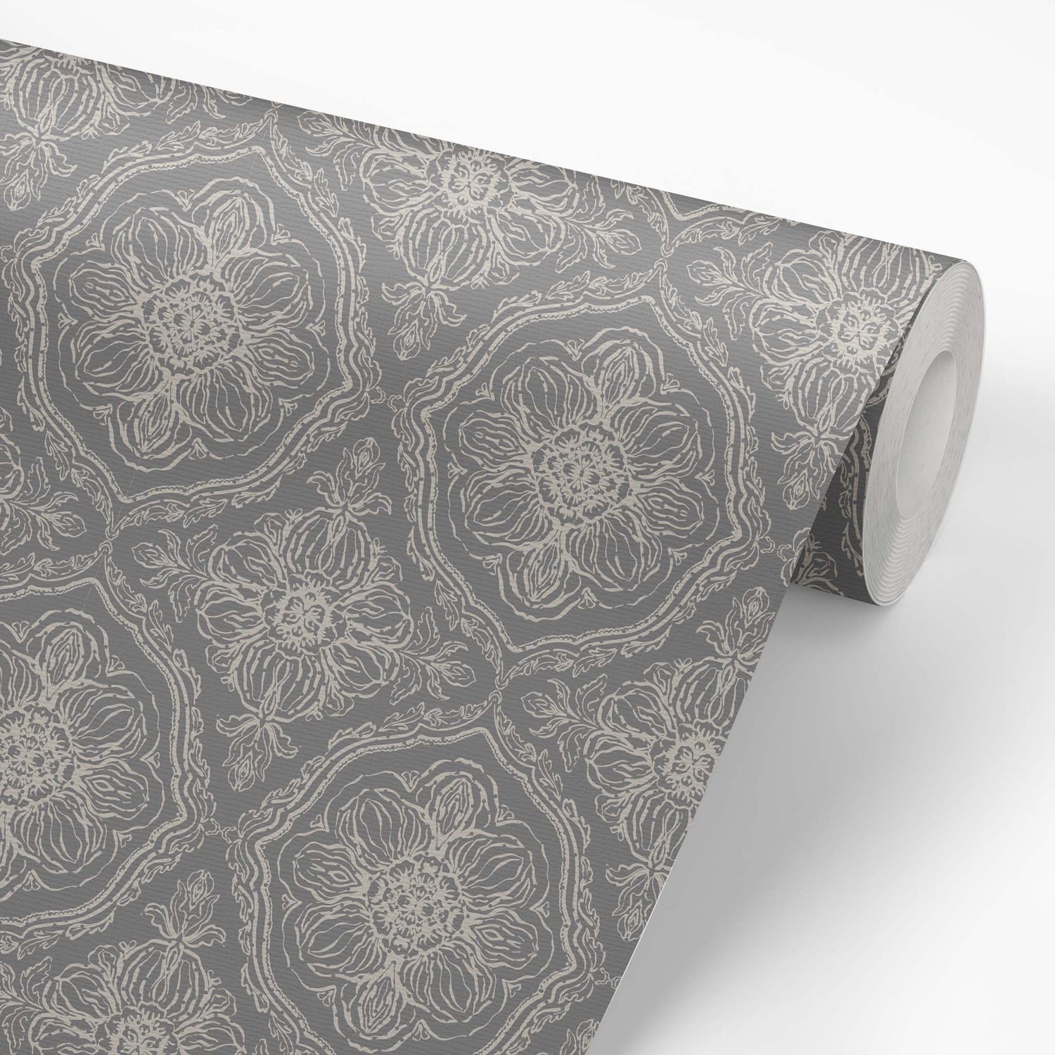 Roll of dark gray patterned wallpaper