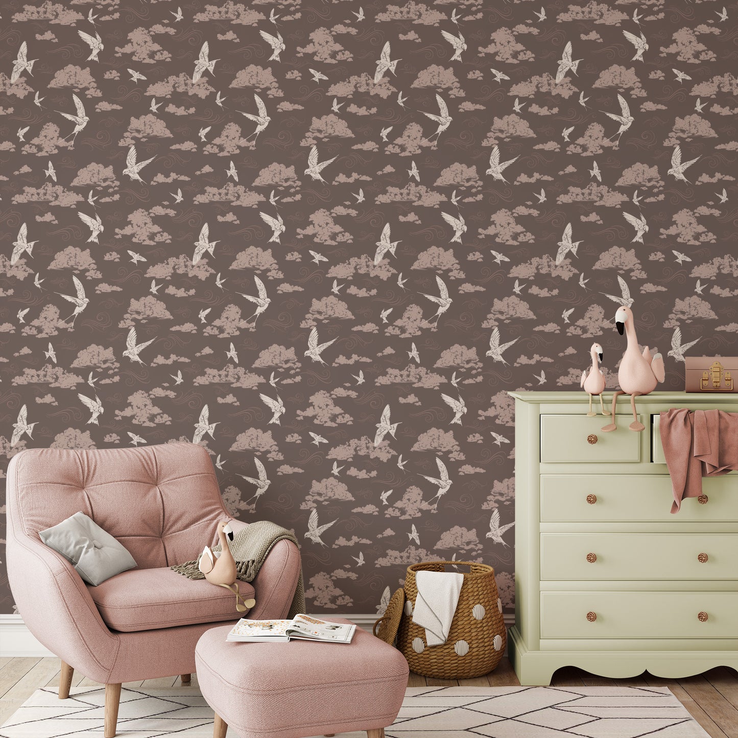 Dancing Swallows Wallpaper in Chocolate shown in a nursery.
