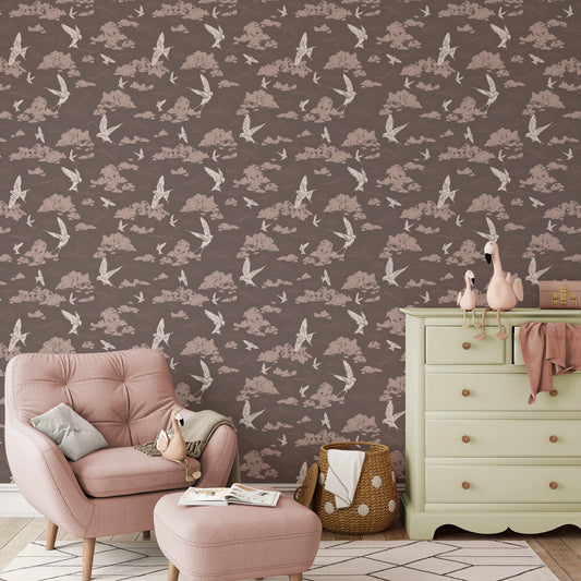 Dancing Swallows Wallpaper in Chocolate shown in a nursery.