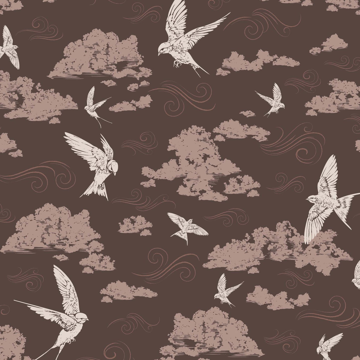 Dancing Swallows Wallpaper in Chocolate shown close up.