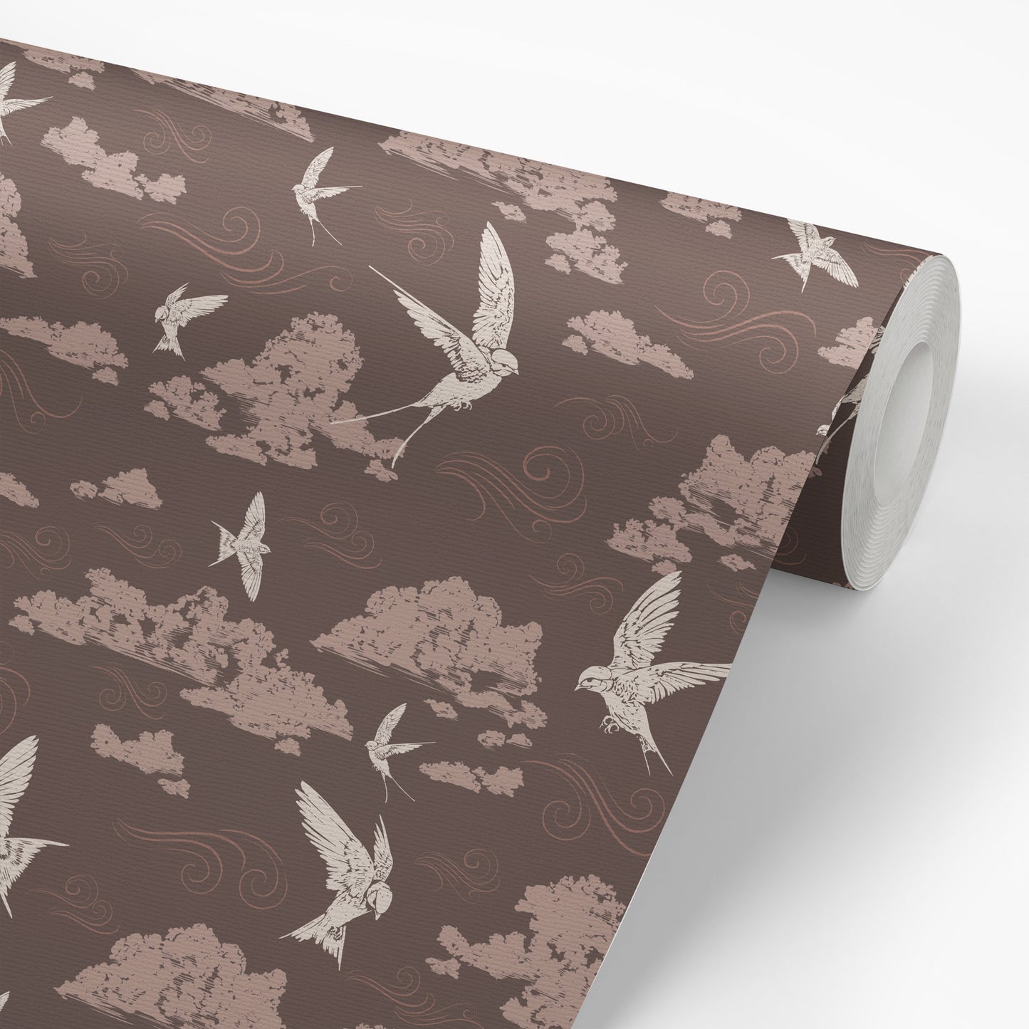 Dancing Swallows Wallpaper in Chocolate shown on a wallpaper roll.