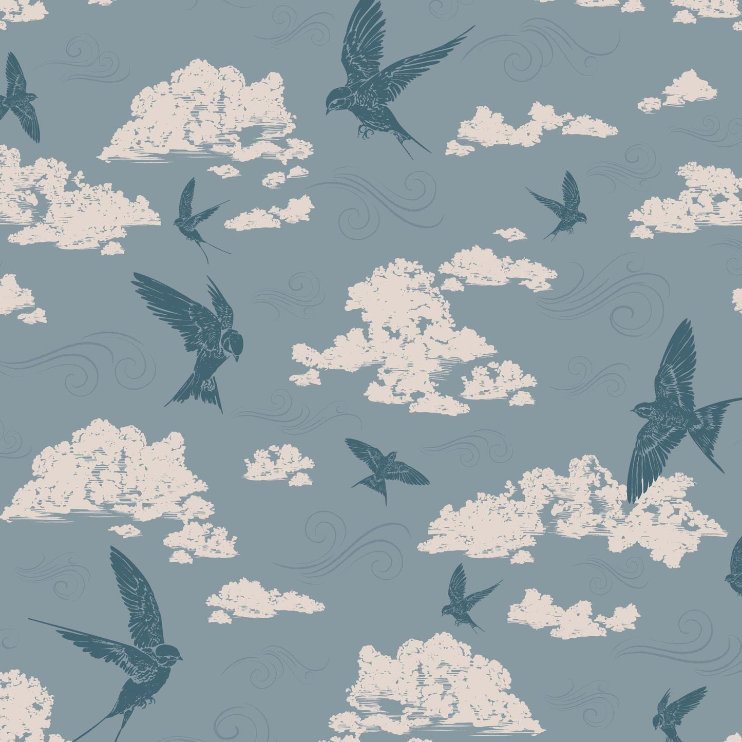 Dancing Swallows Wallpaper in Dusty Blue shown close up.