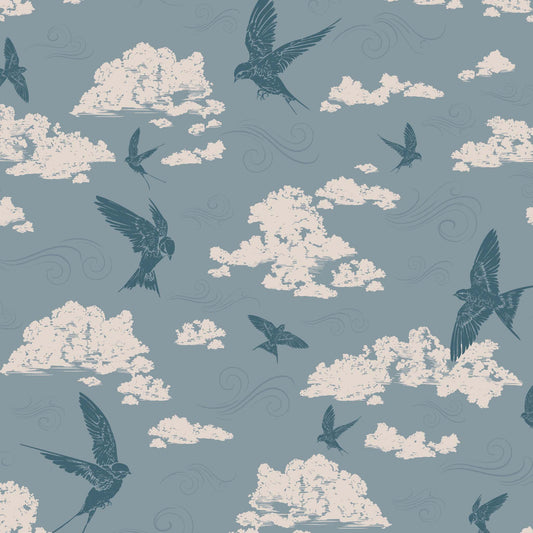 Dancing Swallows Wallpaper in Dusty Blue shown close up.