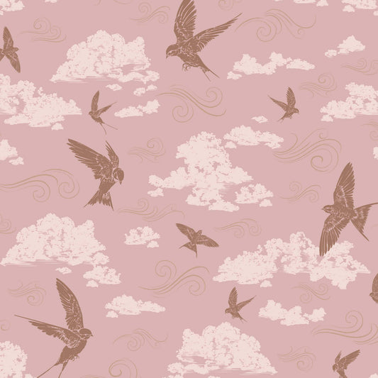 Dancing Swallows Wallpaper in Dusty Pink shown close up.