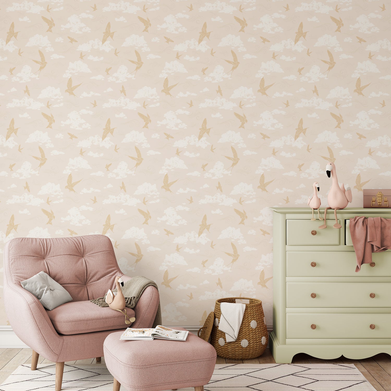 Dancing Swallows Wallpaper in Golden Hour shown in a nursery.
