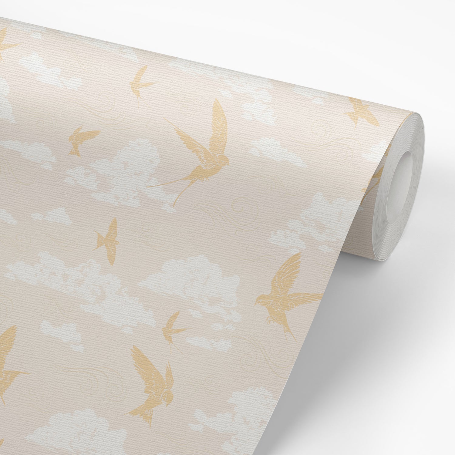 Dancing Swallows Wallpaper in Golden Hour shown on a wallpaper roll.