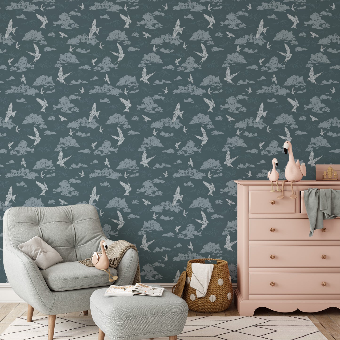 Dancing Swallows Wallpaper in Midnight Blue shown in a nursery.