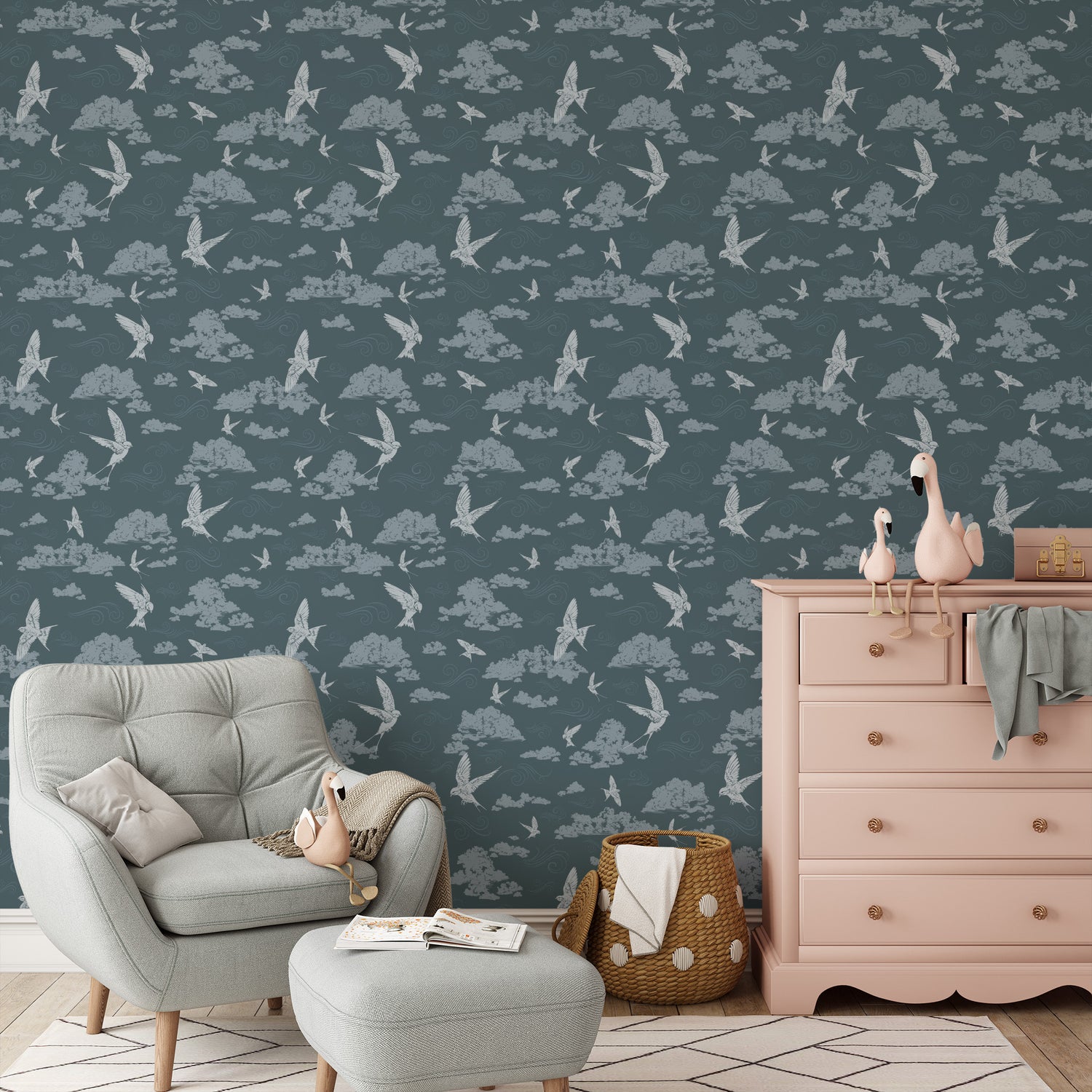 Dancing Swallows Wallpaper in Midnight Blue shown in a nursery.