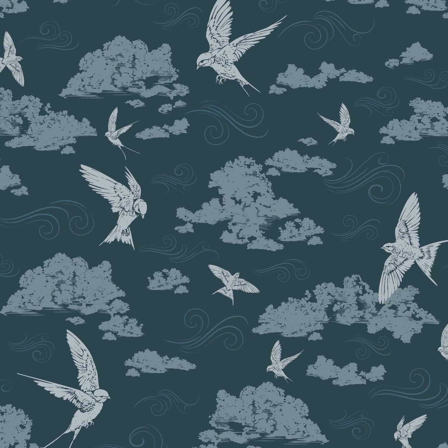 Dancing Swallows Wallpaper in Midnight Blue shown close up.