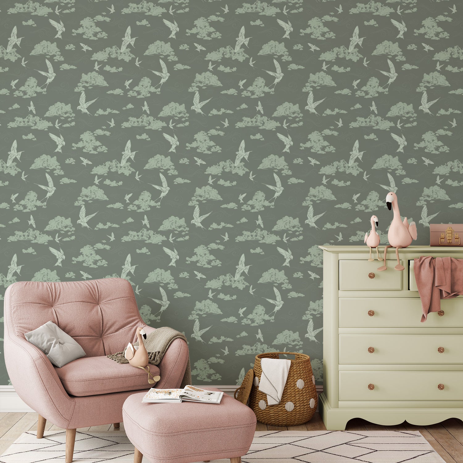 Dancing Swallows Wallpaper in Sage shown in a nursery.