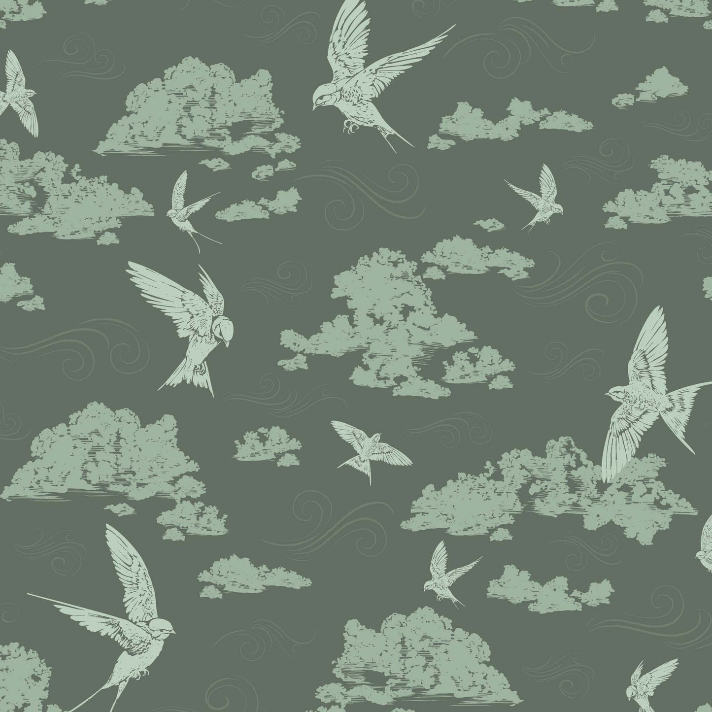 Dancing Swallows Wallpaper in Sage shown close up.