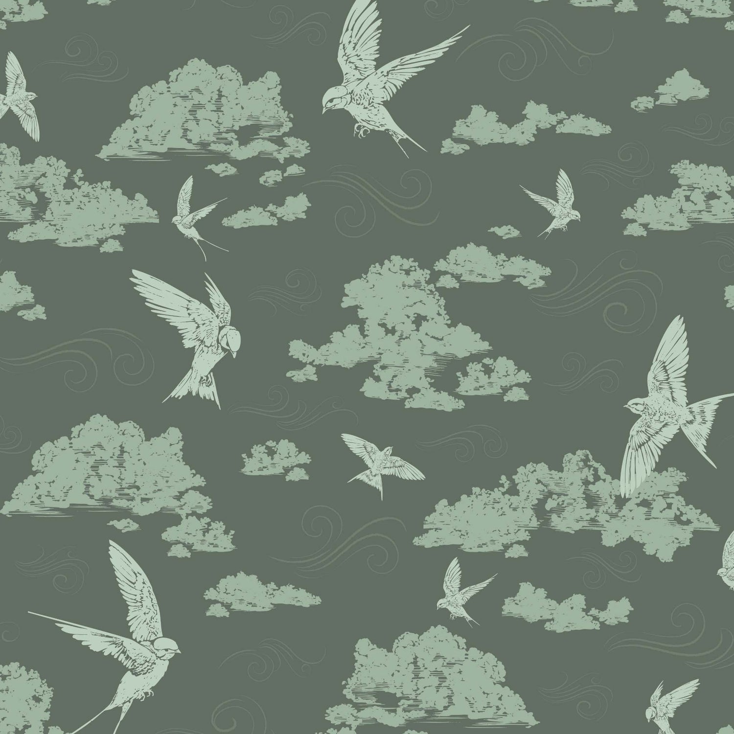 Dancing Swallows Wallpaper in Sage shown close up.