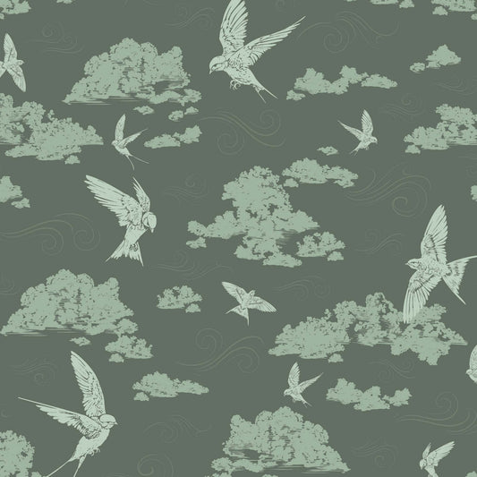 Dancing Swallows Wallpaper in Sage shown close up.