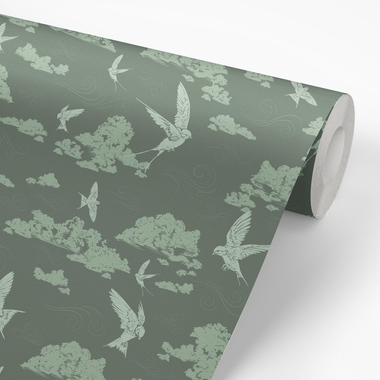 Dancing Swallows Wallpaper in Sage shown on a wallpaper roll.