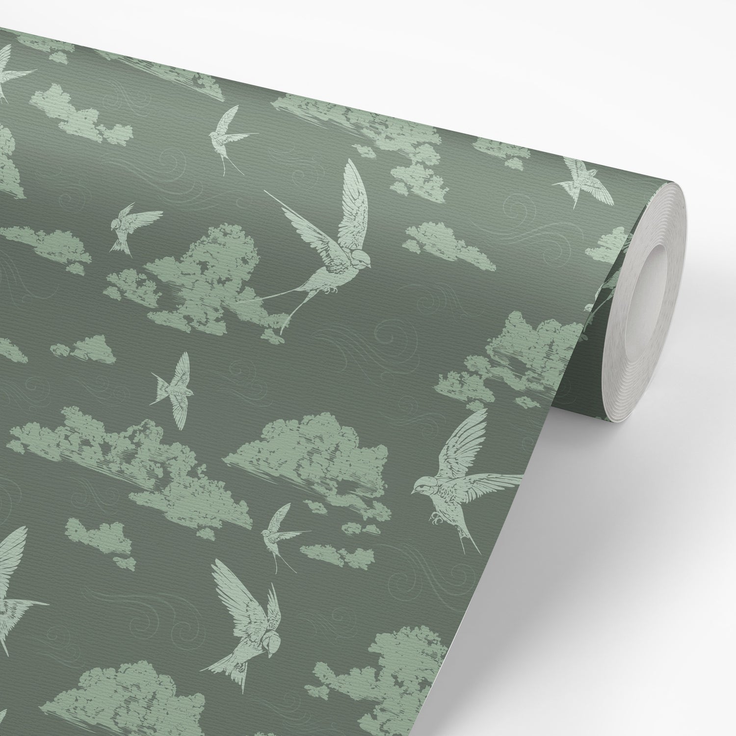 Dancing Swallows Wallpaper in Sage shown on a wallpaper roll.