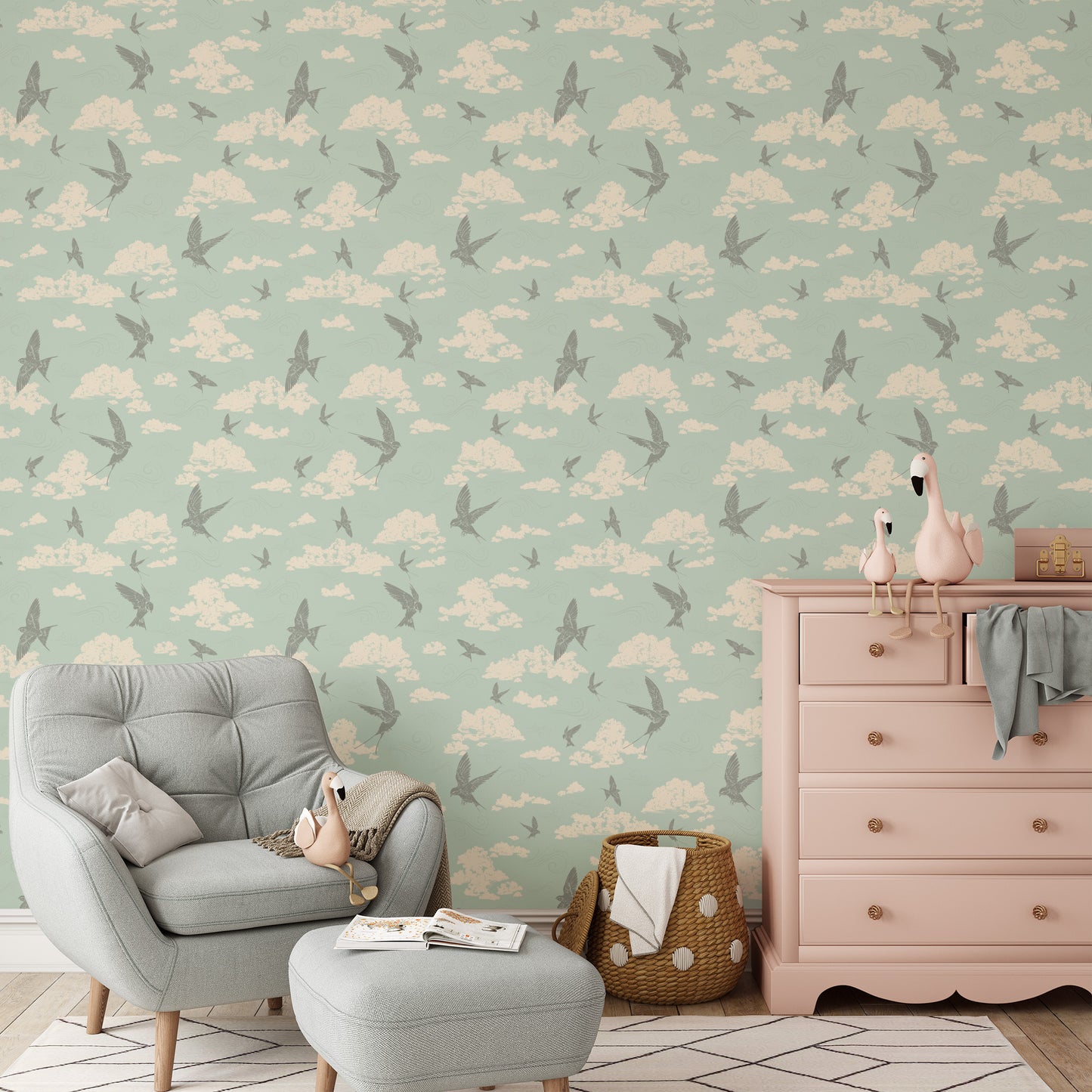 Dancing Swallows Wallpaper in Seafoam shown in a nursery.