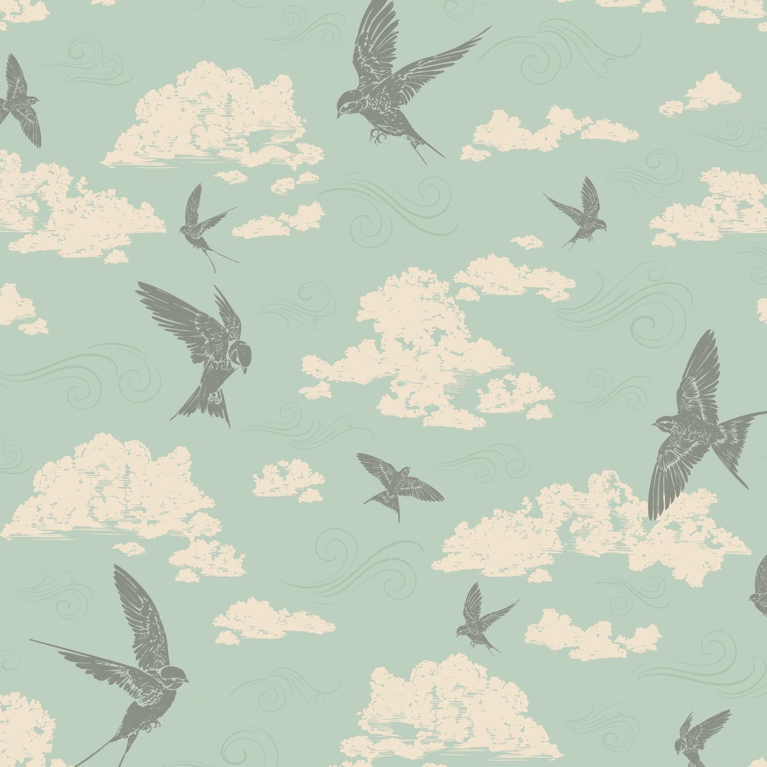 Dancing Swallows Wallpaper in Seafoam shown close up.
