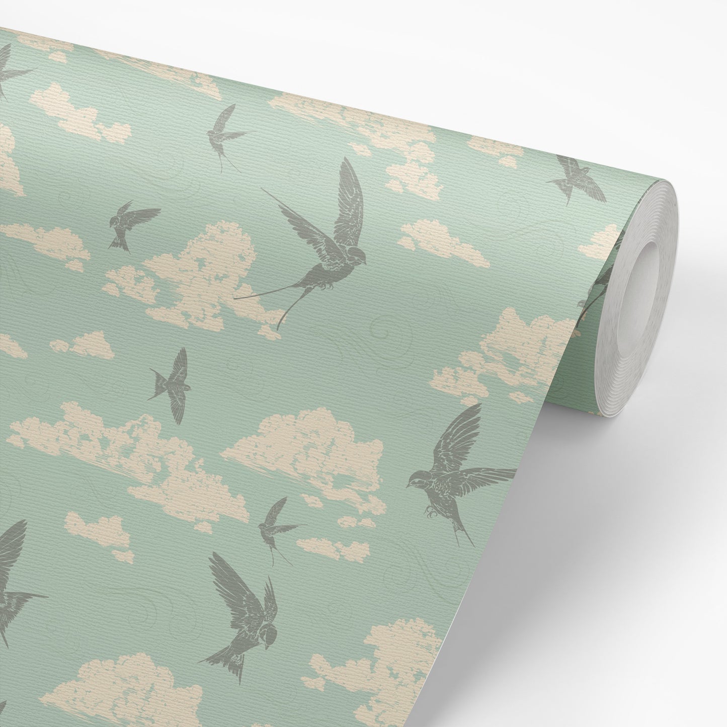 Dancing Swallows Wallpaper in Seafoam shown on a wallpaper roll.