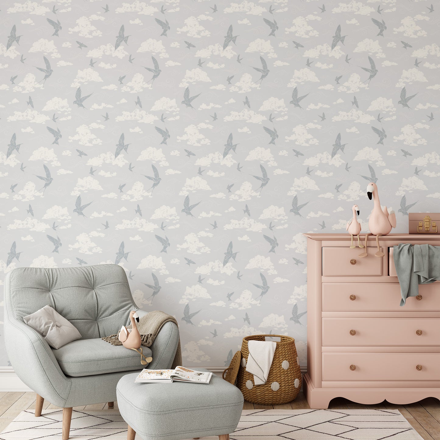 Dancing Swallows Wallpaper in Soft Blue shown in a nursery.