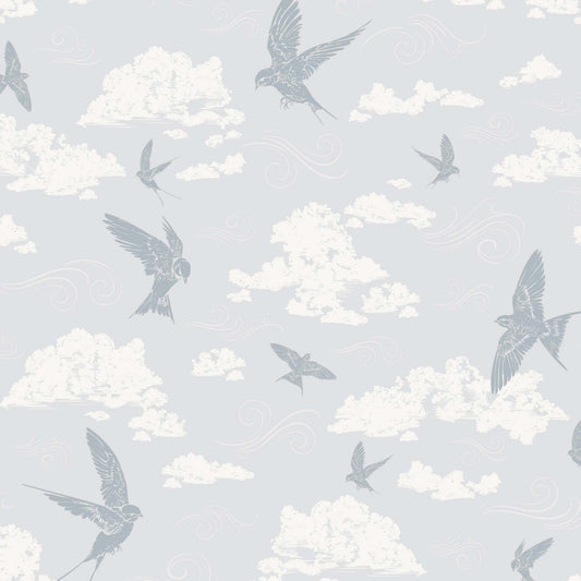 Dancing Swallows Wallpaper in Soft Blue shown close up.