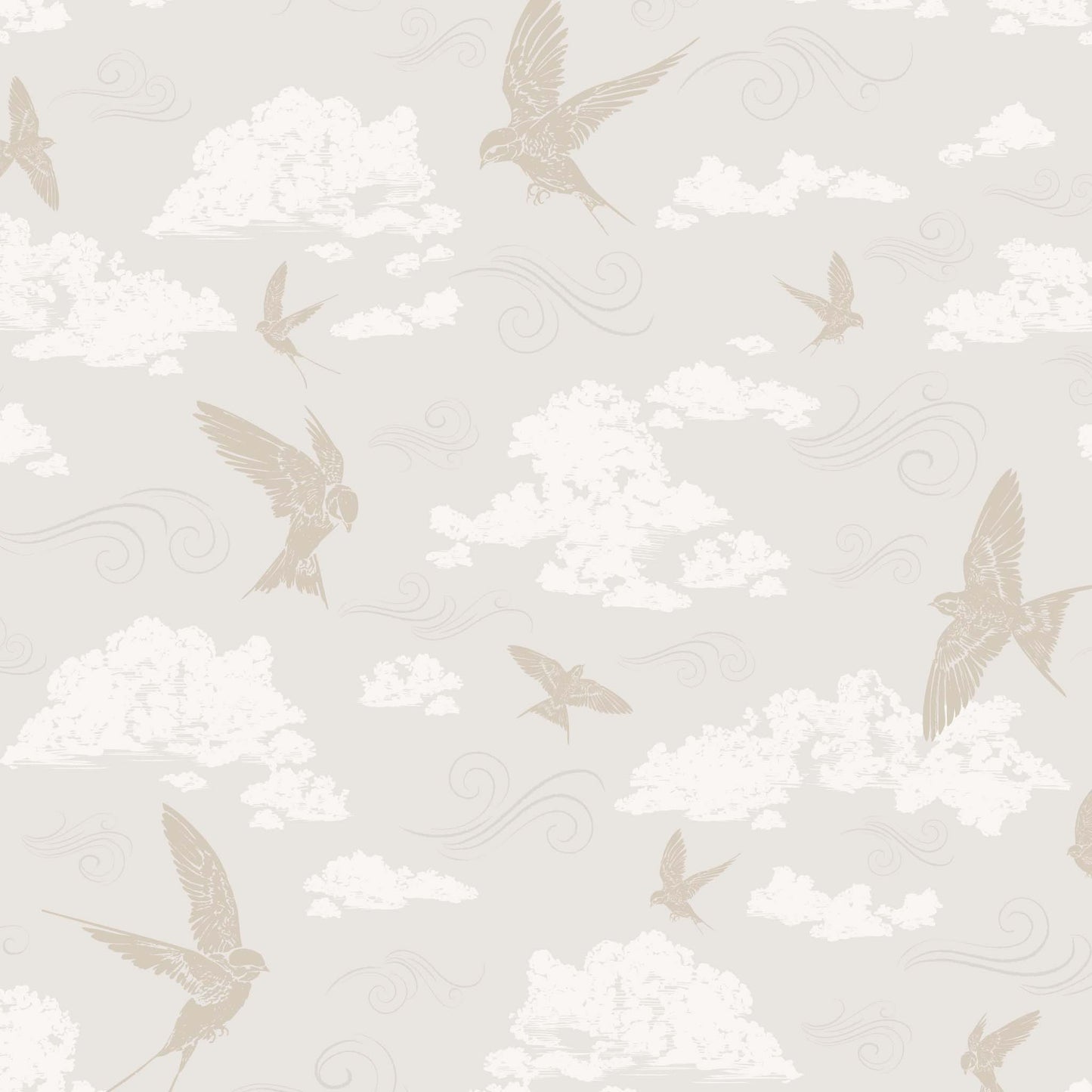 Dancing Swallows Wallpaper in Stone shown close up.