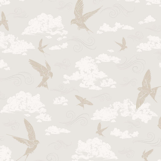 Dancing Swallows Wallpaper in Stone shown close up.