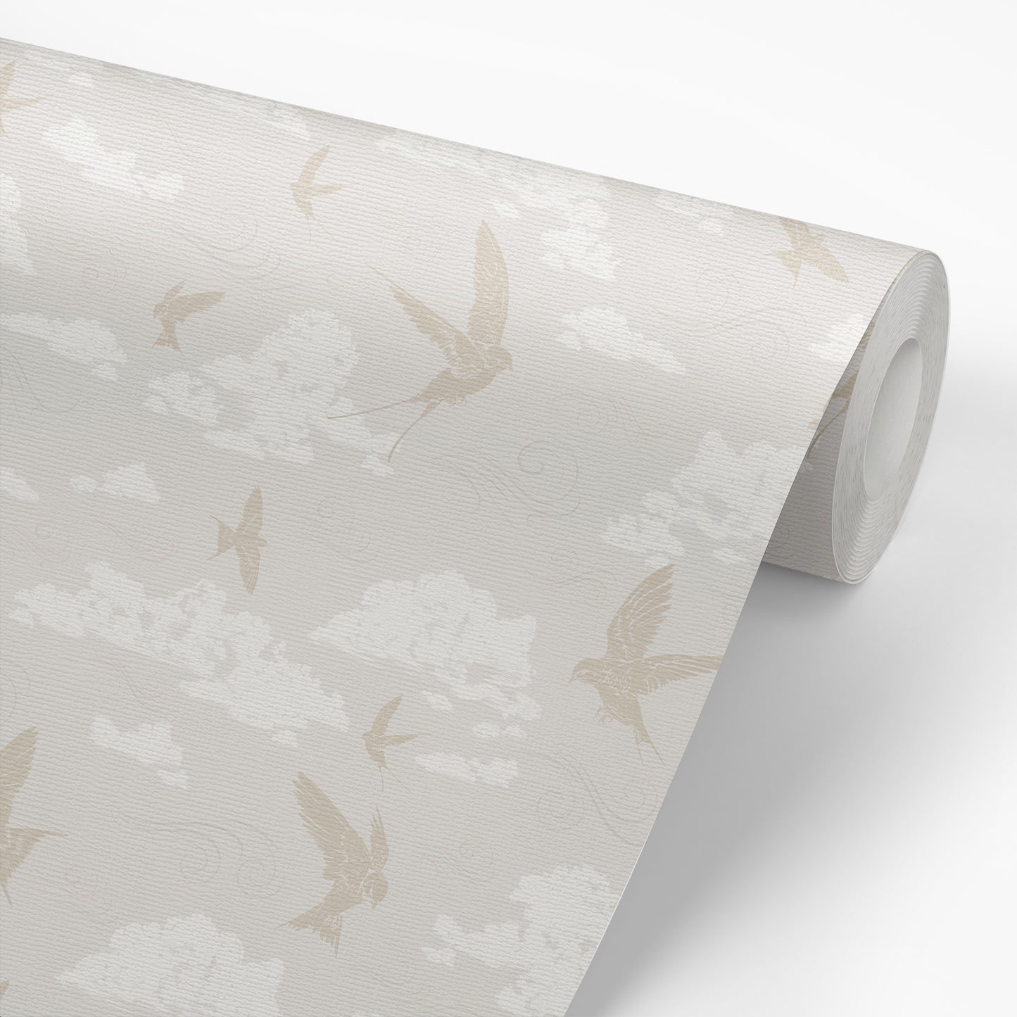 Dancing Swallows Wallpaper in Stone shown on a wallpaper roll.