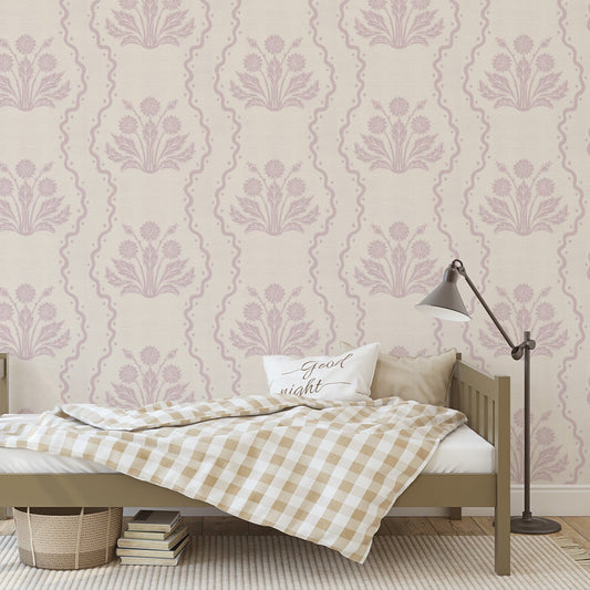 Dandelion Block Printed Wallpaper in Rose shown in a toddler bedroom.