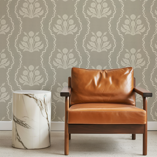 Dandelion Block Printed Wallpaper in Cream on Beige shown in a lounge area.